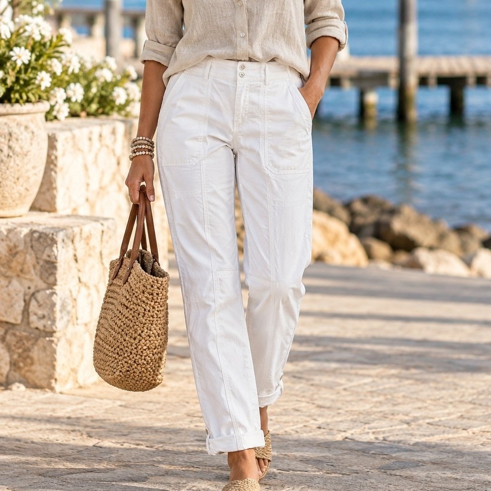 WHBM Mid-Rise Straight Crop Pants Roll Hem Casual White 0 Clean Preppy Luxury